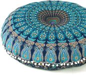 EYES OF INDIA - 32" Blue Mandala Large Floor Pillow Cover Meditation Cushion Seating Throw Hippie Round Colorful Decorative Bohemian Accent Boho Chic Dog Bed Indian Pouf Ottoman Handmade Cover ONLY