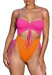 Viottiset Women's Cut Out Drawstring One Piece Swimsuit Cheeky High Cut Bathing Suit, Orange Pop Pink, Medium