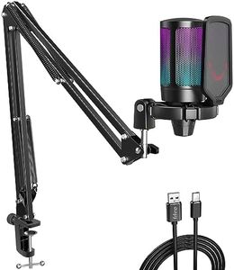 Fifine Gaming Microphone for PC Computer, USB Streaming Condenser Mic Kit with RGB, Quick Mute, Gain Knob, Boom Arm Stand, Pop Filter for Podcasts YouTube Discord-A6T