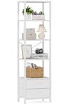 Furnulem 5-Tier Corner Shelf, Narrow Bookshelf with 2 Storage Drawers, Tall Bookcase, Standing Shelf Organizer Unit for Living Room, Bedroom, Metal Frame, Wood Display Shelf(White)
