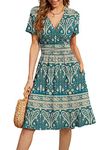 WEACZZY Summer Dress for Women Short Sleeve Casual Floral Cocktail Dresses V-Neck Prom Dresses for Teens,Blue Khaki, Large