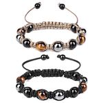 Vinswet Triple Protection Bracelet,Genuine Tigers Eye Black Obsidian and Hematite Beads Bracelet for Men Women,Handmade Crystal Healing Bracelets Bring Luck and Prosperity and Happiness, 6.7"-9.8",