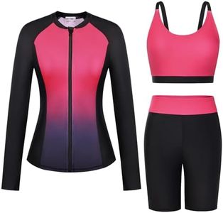 GRACE KARIN Women's 3 Piece Rash Guard Built-in Bra Long Sleeve UV Sun Protection Swimsuit Zip up Swim Top Shirt Modest Rose Red Gradient Color XX-Large