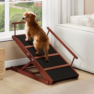 PANTAZO Walnut Wooden Dog Ramp for Bed Folding Pet Ramp for Dogs,Including Non Slip Mat & Safety Side Rails Adjustable Dog Bed ramp from to Up to 132 lbs