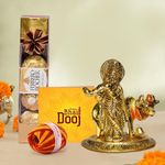 TIED RIBBONS Bhai Dooj Gift Set for Brother with Chocolates Combo - Metal Krishna with Cow Idol Statue with Ferrero Rocher Chocolate (4 pcs) Box Greeting Card and Kalawa Moli Roli Chawal