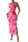 PRETTYGARDEN Women's Summer Maxi Bodycon Dresses Strapless Tube Top Printed Long Party Club Slit Dress (Print Pink,Small)