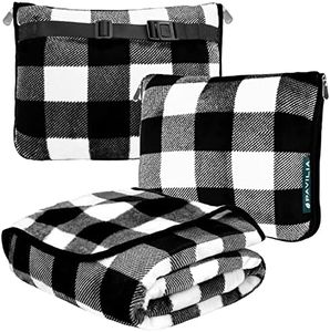 PAVILIA Travel Blanket Pillow, Soft Airplane Blanket 2-in-1 Combo Set, Plane Blanket Compact Packable, Flight Essentials Car Pillow, Travelers Gifts Accessories, Backpack Strap, 60x43 Checker White