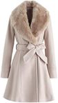 CHICWISH Women's Nude Pink Faux Fur Wide Lapel Turn Down Shawl Collar Belted Flare Wool Blend Coat