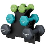 SONGMICS Set of 6 Dumbbells with Storage Stand, Hand Weights with Neoprene Coating, Hexagonal Dumbbells, 1 kg, 2 kg, 3 kg, Home Workout, Fitness, Lime, Teal, and Dark Grey SYL612G02