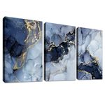 3 Panels Wooden Framed Navy Blue White Gold Marble Canvas Wall Art Painting on Canvas Print Picture for Living Room Hallway Stairs Bedroom Bathroom Wall Decor Ready To Hang 150x70cm(20"x28"x3pcs)