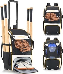 Fanwoli Premium Leather Rolling Baseball Bag, Lightweight Softball Bat Backpack for Boys and Girls, Wheeled Duffle Catchers Gear Bag, Rain Cover, Separate Shoe Compartment, Helmet Holder, Fence Hooks