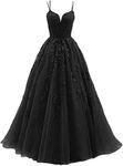 Lace Applique Wedding Dresses for Bride 2024 Spaghetti Straps Tulle Prom Dress A-Line Formal Evening Party Ball Gowns, Black, 16