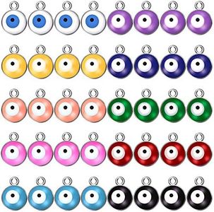 80 Pieces Alloy Evil Eye Charms Double-Sided Evil Eye Charm Round Evil Eye Pendant Colorful Enamel Eye Charm for DIY Jewelry Earring Necklace Craft Making, 10 Colors (Silver Base)