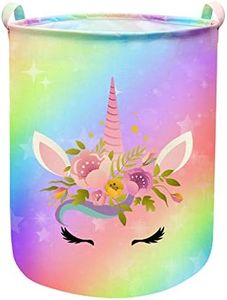 Unicorn Laundry Basket Hamper Large Sized Round Storage Basket Waterproof Bin Collapsible Laundry Basket for Girls Room Organizer, Kids Bedroom Nursery Playroom Clothes (43.3L Cute Unicorn Laundry)