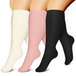 CHARMKING 3 Pairs Plus Size Compression Socks for Women & Men Extra Wide Calf 15-20 mmHg Best Support for Circulation, 08 Black/Pink/Yellow, X-Large