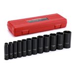 CASOMAN 12 Pieces 3/8-Inch Drive Impact Socket Set, 6-Point, SAE, Deep, CR-V, 5/16" to 1", Heavy Duty Blow Molded Storage Case