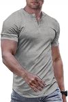 JMIERR Mens Muscle Slim Fit Button Henley Shirts Summer Crewneck Short Sleeve Longline Fitted T-Shirt Gym Workout Athletic Tees Shirt for Men, L, Grey