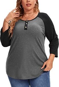 3/4 Sleeve Shirts for Women Plus Size Casual V Neck Blouses Color Block Henley Shirts, Black, XX-Large Plus