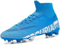 JIEBUNIAO Men's Soccer Shoes Professional Spikes Hightop Football Boots Boy Youth Competition/Training/Athletic Sneaker, Blue, 9.5