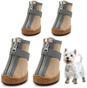 Dog Shoes for Small Dogs, Waterproof Dog Boots Paw Protector for Hot Pavement Winter Snow, Dog Booties with Reflective Strips Rugged Anti-Slip Sole for Hardwood Floors Outdoor Walking Khaki Size 2