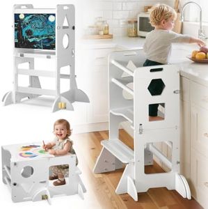 Toddler Standing Tower with Anti-Fall Buckle, 4-in-1 Anti-Slip Toddler Kitchen Step Stool with Blackboard, Foldable Wooden Kitchen Stool Helper for Kids, 1-3 Year Old Boy Girl Gifts - White