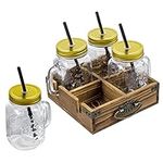 MyGift Mason Jar Glasses with Handles, Straw, Lid and Dark Brown Wood Caddy - 16 oz Drinkware, Set of 4 Mugs