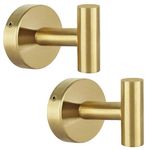 QNIIAED 2 Pcs Bathroom Towel Hook, Screw in Metal Coat Hook brushed Robe Hook SUS 304 Stainless Steel Heavy Duty Door Hanger Towel Robe Clothes Closet Sponges Hook for Bathroom Hotel(Brass Gold)