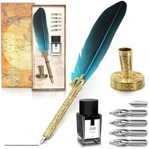Vintage Feather Quill Pen and Ink Set - Blue Feather Pen and Ink Set, Writing and Drawing Tools with Stainless Steel Nib - Elegant Vintage Style Calligraphy Kit for Creative Hand Lettering