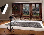 Baocicco Rustic Wood Door Backdrop 12x10ft Photography Background Grunge Wooden Door Glass Window View Christmas Wreath Wood Texture Wall Rural House Countryside Log Cabin