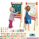 Children's Double-Sided Wooden Easel with Paper Roll – Adjustable White & Black Board – Birthday Gift Girl Boy (Accessories Included) (Colorful)