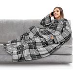 PAVILIA Fleece Blanket with Sleeves and Foot Pockets for Women Men Adults, Wearable Blanket Sleeved Throw Wrap, Plush Hug Sleep Pod Snuggle Blanket Robe, Cozy Gift Ideas Wife Mom, Plaid Dark Gray