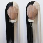 Towarm Black and Platinum Wig Long Straight Half Platinum Half Black Synthetic Lace Front Wig Pre Plucked Natural Hairline with Baby Hair for Women Cosplay Daily Wear Wig (Black and Platinum Blonde)