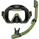 Snorkel Set Adults Snorkeling Gear Anti-Leak and Anti-Fog Tempered Glass Lens Panoramic View Swim Mask Dry Top Snorkel Kit for Snorkeling Scuba Diving Swimming Travel with Carry Bag Army Green