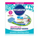 Ecozone Ultra All-In-One Dishwasher Tablets, Effective Cleaning Formula Cuts Through Grease & Grime, Natural Vegan & Non Toxic Tabs, Plant Based Plastic-Free, Leaves No Residue (Box of 72 Capsules)