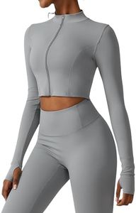 Yknktstc Womens Full Zip Athletic Jacket with Thumbhole Long Sleeve Crop Top Running Workout Yoga Sportswear Shirt XL Light Gray