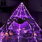 N&T NIETING Halloween Spider Web Decorations with Purple Fairy Lights, 18.4FT Giant Spider Web with 78" Large Spiders, 40g Cobweb 40 Small Spiders Halloween Decorations for Yard Party Haunted House