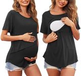 Ekouaer Women Short Sleeve Nursing Shirts Soft Maternity Tops Double Layer Breastfeeding Blouse Round Neck Pregnancy Clothes Black M