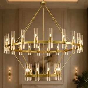 Gold Wagon Wheel Chandelier 2 Tier, 60 Inch Chandeliers with Glass Shade, 30-Light Large Chandelier for High Ceiling, Modern Farmhouse Chandeliers for Living Room, Dining Room, Entryway and Staircase