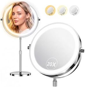 Makeup Mirror with Lights, 1x/20x 360° Rotation Vanity Mirror, Brightness Adjustable Lighted Makeup Mirror with Magnification, 5000 mAh Rechargeable Double Sided Mirror with 3 Colors, Gift for Women