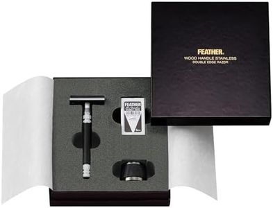 Feather - Wood Handle Stainless Double Edge Razor with Wood Inlay Stainless Steel Stand - With Resin-Impregnated Handle & Stand - Includes 5 Hi-Stainless Blades - Made in Japan