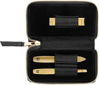 ZWILLING Manicure Set (3 Pieces, Black Genuine Leather Case, Care for Hands and Feet, Travel Set, with Nail Clipper), Premium, Gold Edition