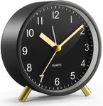 YouJabz Analogue Alarm Clock, Super Silent Non Ticking with Night Light, Battery Operated, Fashionable Round Metal Alarm Clock for Office, Bedroom, Elderly, Adults, Children, School Gift(Black)