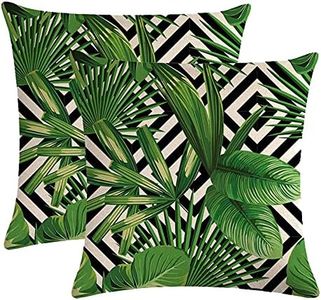 2Pack Tropical Green Leaves Throw Pillow Cover with Geometric Background Home Decorative Square Cushion Covers Cotton Linen Home Decor Palm Pillowcase 20 X 20 Inch (Palm Tree)
