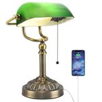 Rizzyluz Green Glass Bankers Desk Lamp, Vintage Desk Lamp with USB Charging Port, Traditional Farmhouse Table Lamp, Mid Century Desk Lamp Pull Chain for Home Office Library