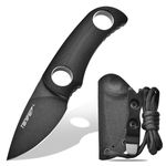 TONIFE Fixed Blade Knife 4.8cm, Mini Neck Knife with Kydex Sheath and Cord, EDC Portable Fixed Knife for Outdoor Survival (Black + Black Oxide then Stonewash)