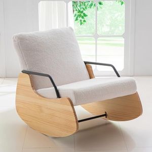 Sherpa Rocking Chair Nursery, Glider Recliner Chair, Wooden Boucle Rocking Chair, Nursing Rocker Chair for Breastfeeding, Teddy Upholstered & Adjustable Backrest, for Living Room Bedroom Office, Beige