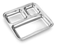 Expresso - Heavy Duty Stainless Steel Square Small Dinner Plate with 3 Sections Divided Mess Trays for Kids Lunch, Camping, Events & Every Day Use Kitchenware (Set of 1)