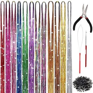 UKKQES 12 Colors Hair Tinsel Kit with Tools, 36 Inches 2000 Strands Tinsel Hair Extensions, Fairy Hair Tinsel for Christmas Halloween Cosplay Party, Grow the Most Dazzling Hair of the Crowd