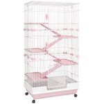 PawHut 6-Level Small Animal Cage, Indoor Bunny House, for Ferrets, Chinchillas w/Wheels, Slide-Out Tray, Pink, 81 x 52.5 x 159 cm