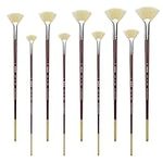 XDT#646 Fan Artist Paint Brush 9 Piece Set Medium Stiff Hog Bristle Extra Long Handle #0#2#4#6#8#10#12#14#16, Acrylic Oil Watercolor